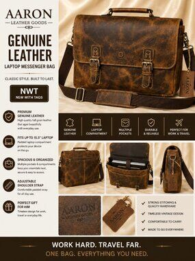 NWT Aaron Leather Goods Genuine Leather Messenger Laptop Bag 15.5" Briefcase